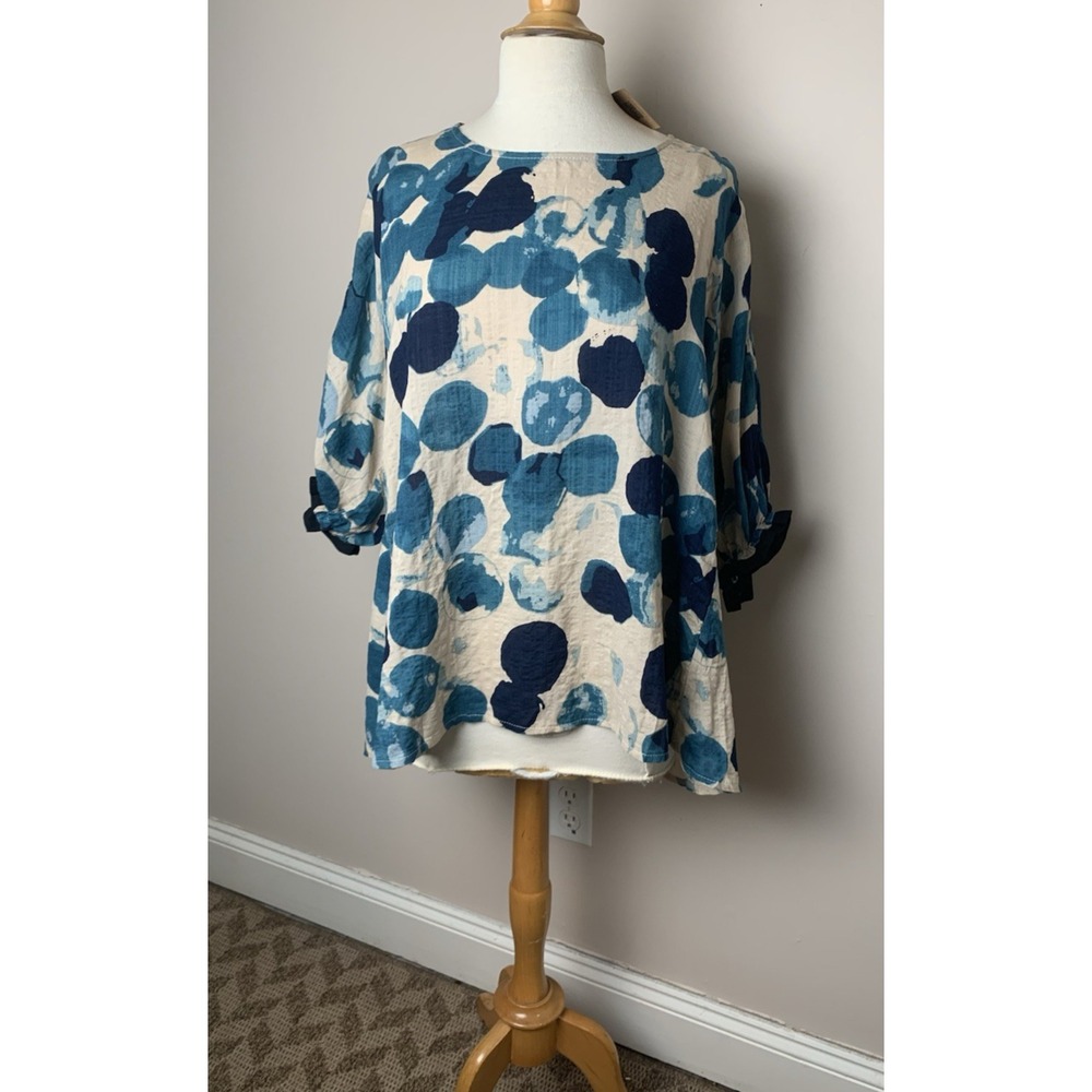 NEW Artsy Lagenlook Linen Top Womens One Size Abstract Blue Print HiLow - Picture 14 of 14